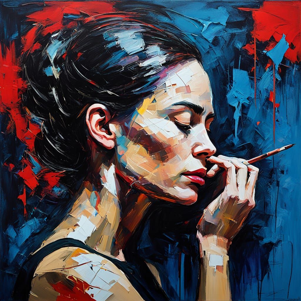 Contemplative Woman in Bold Acrylic Portraiture