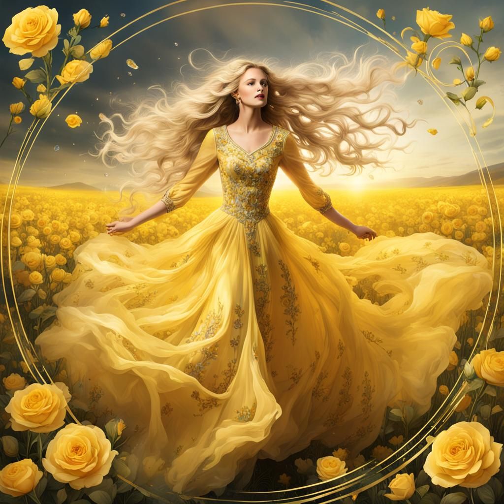 Lady Dancing in Yellow Flower Field with Roses