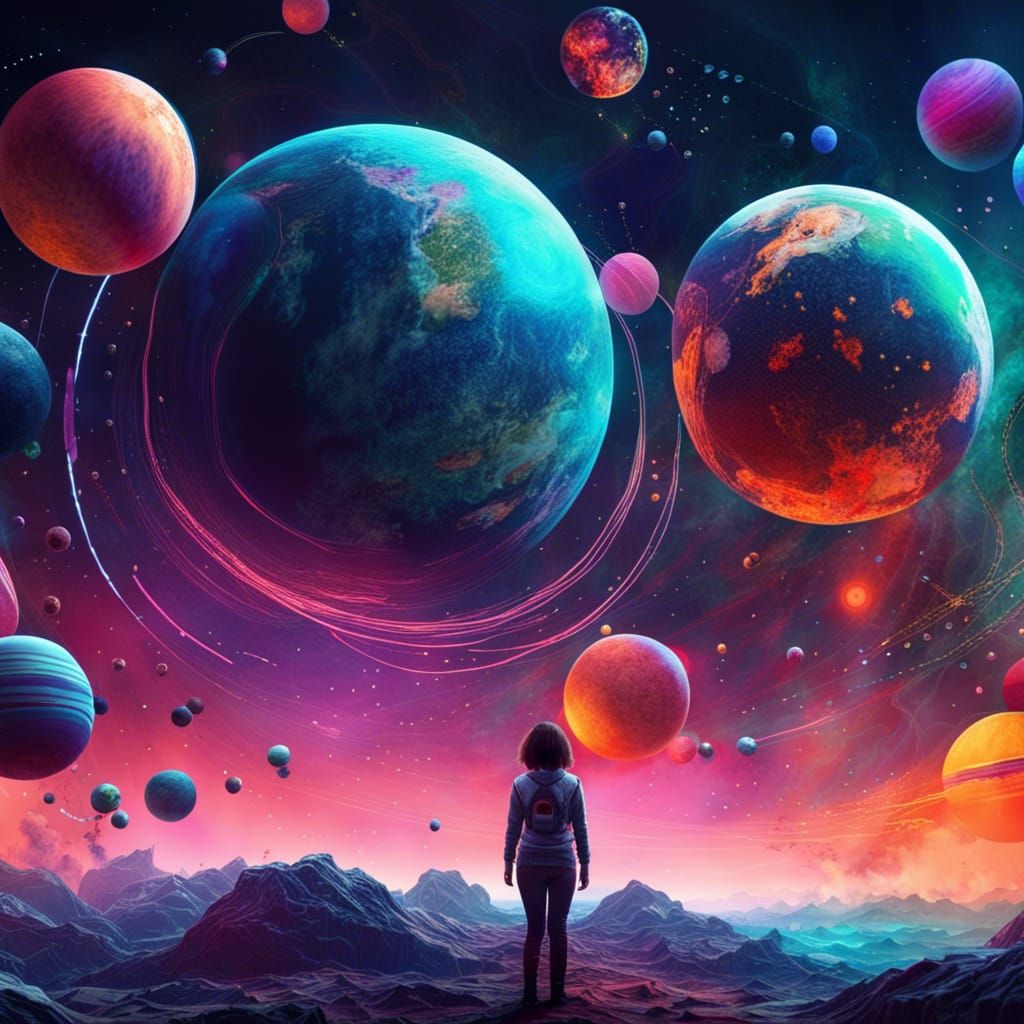Colorful Space Landscape with Floating Girl in Digital Art