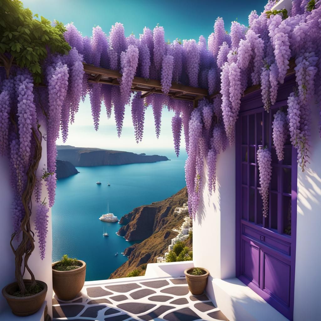 Wisteria in Santorini, Greece: Photorealistic 8K Image