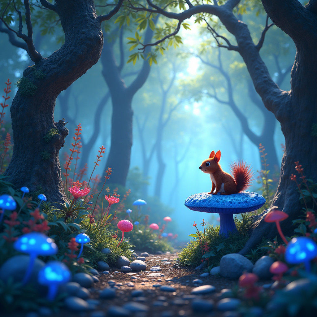 Enchanted Squirrel on Mushroom in Hyper-Realistic Forest