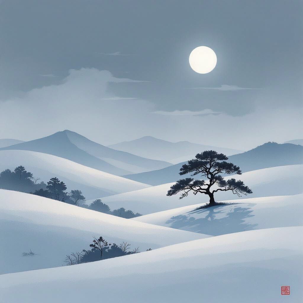 Serene Snowy Hills and Ancient Oak Tree in Moonlight