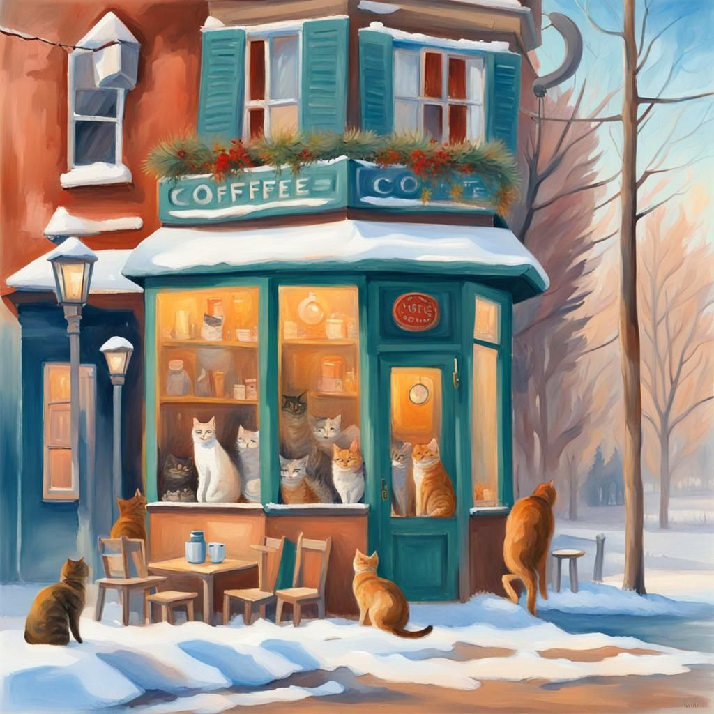 Cat Coffee House in Winter: Gouache Watercolor Masterpiece