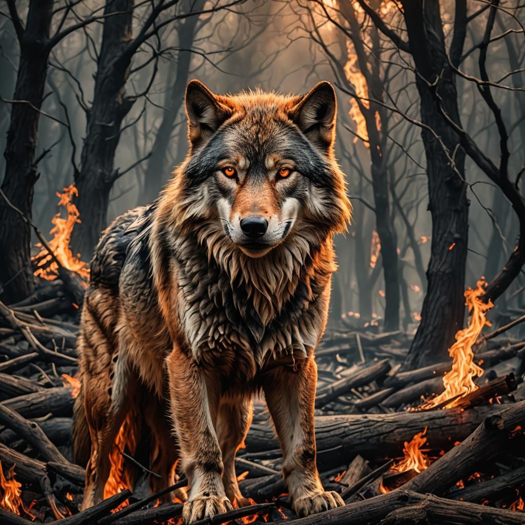 Fiery Wolf in Hyperrealistic Detail