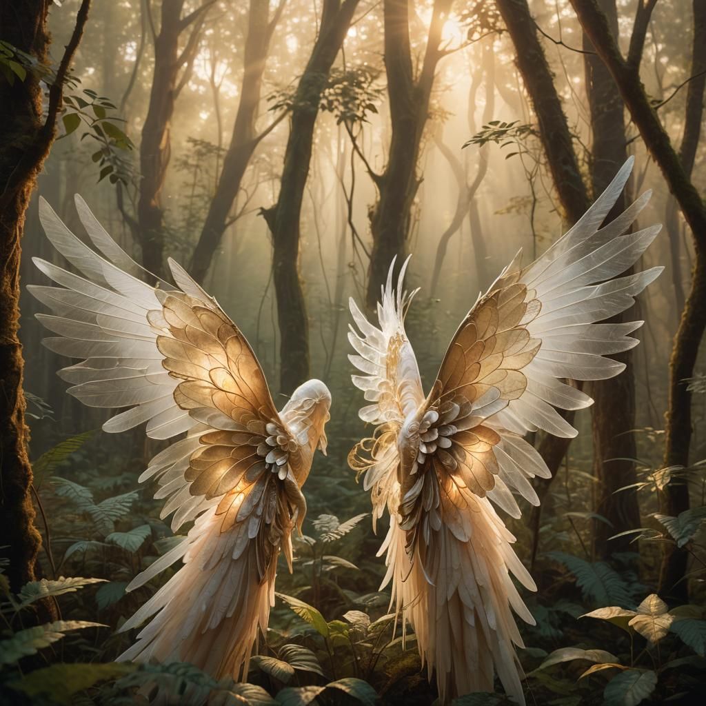 Ethereal Forest Dawn with Angelic Wings in Matte Painting