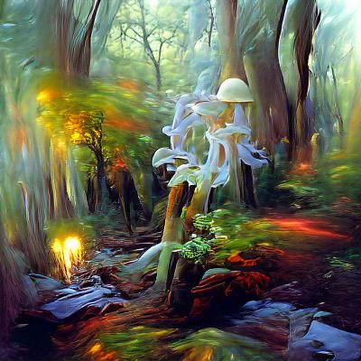 Glowing Flora in Magical Forest: Surreal Oil Painting