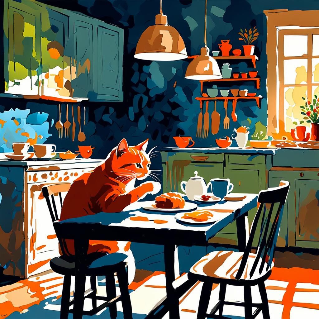 Orange Cat's Sunny Breakfast: Expressionist Impasto Painting