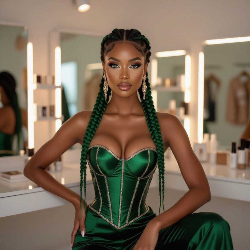 Golden-Toned Woman with Jewel-Toned Braids in Studio