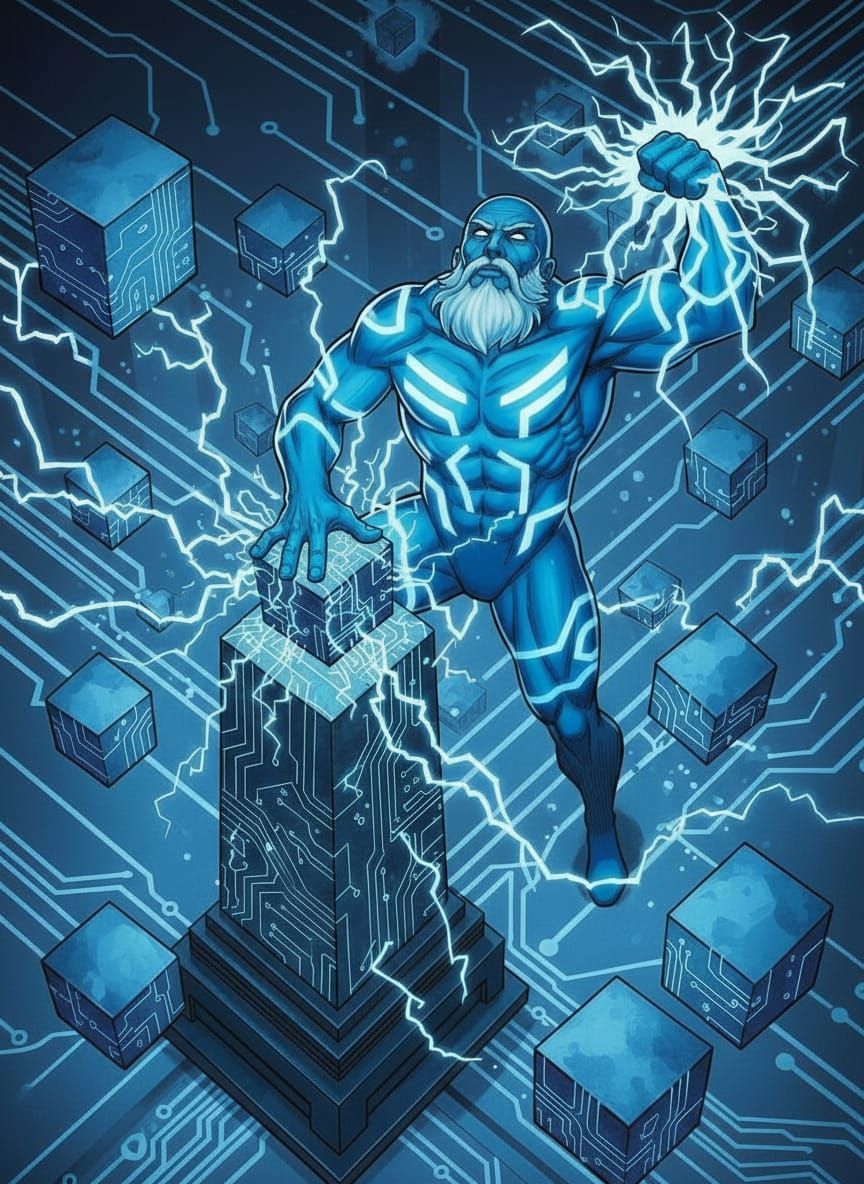 Cyberpunk Hero Dominates Circuit Board Obelisk