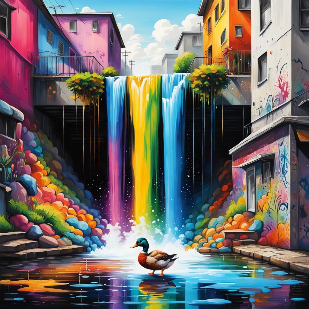 Colorful Waterfall Graffiti Art with Swimming Duck