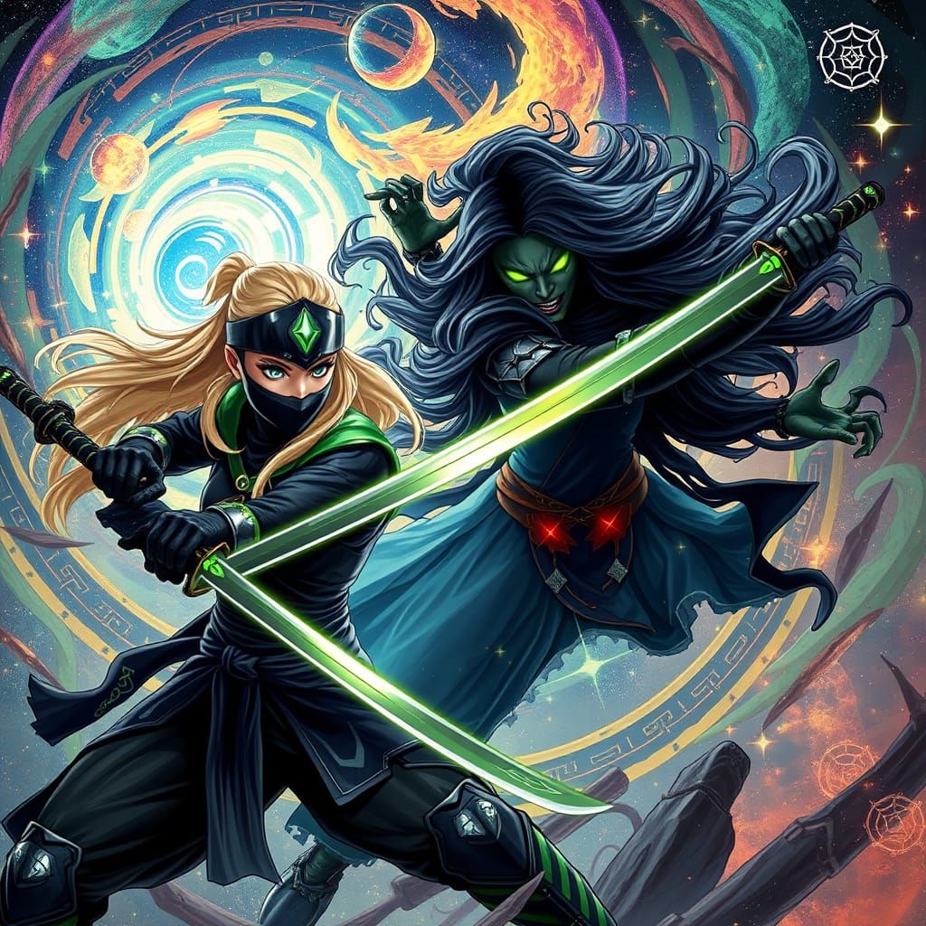 Fight between blonde girl ninja warrior and witch