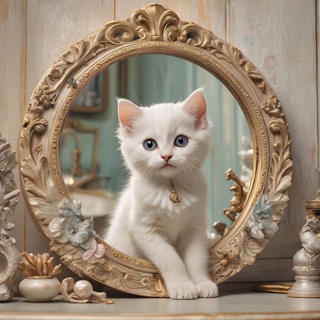 Curious Kitten Gazes into Mirror: Fantasy Concept Art