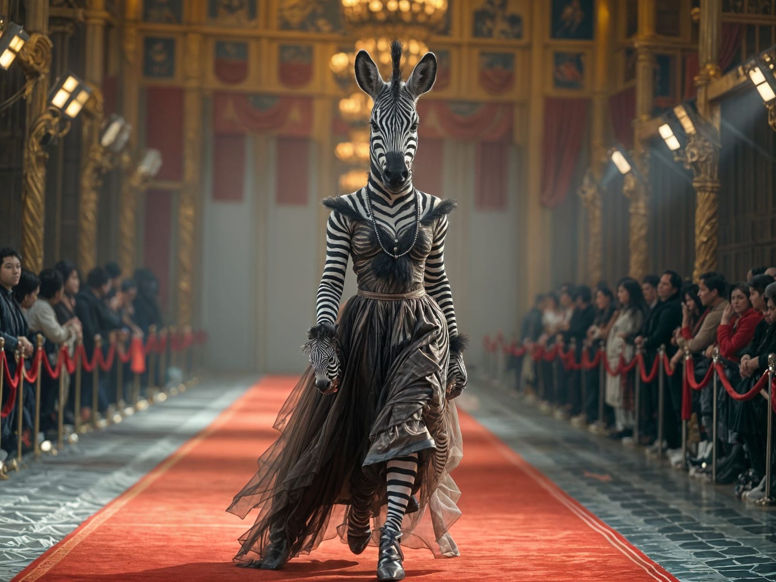 Elegant Anthropomorphic Zebra Woman on Red Carpet