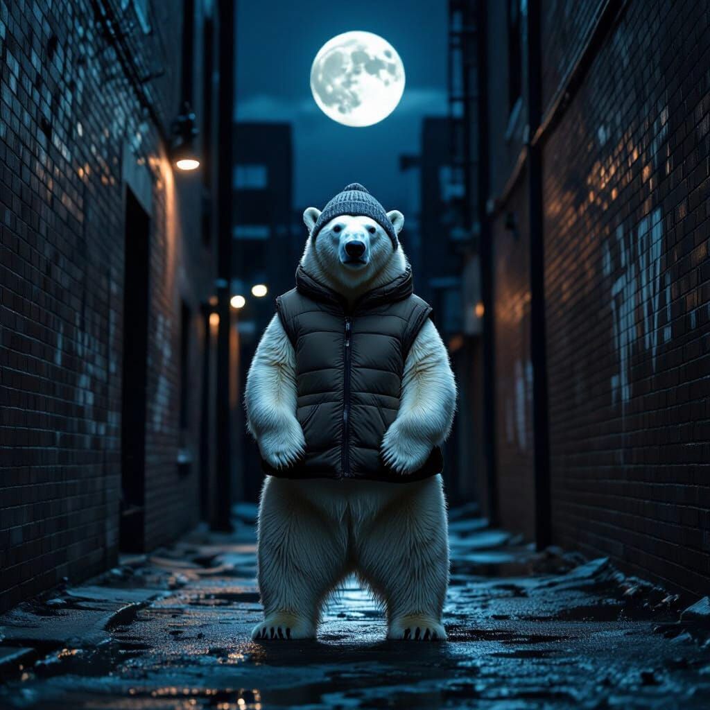 Polar Bear in Alleyway Under Full Moon, Photorealistic Style
