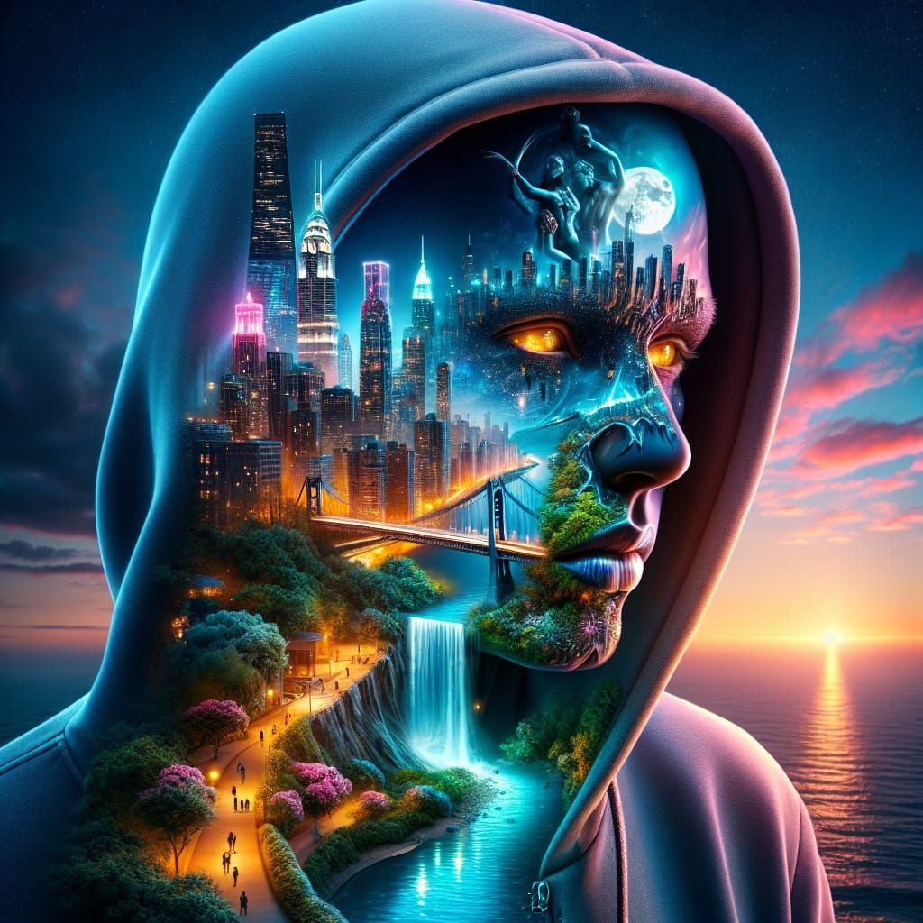 Urban Shadow Figure with Cityscape Features