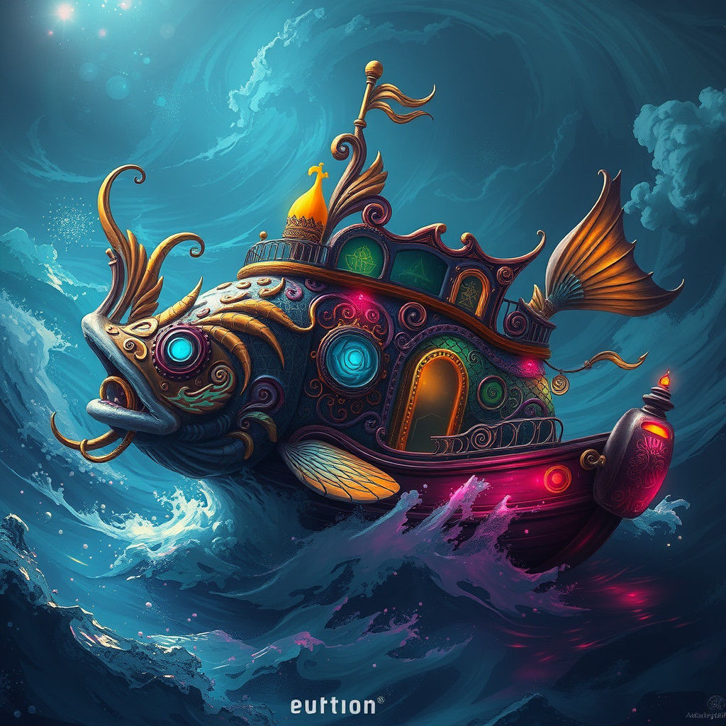 Ornate Bioluminescent Fish Boat on Mystical Ocean