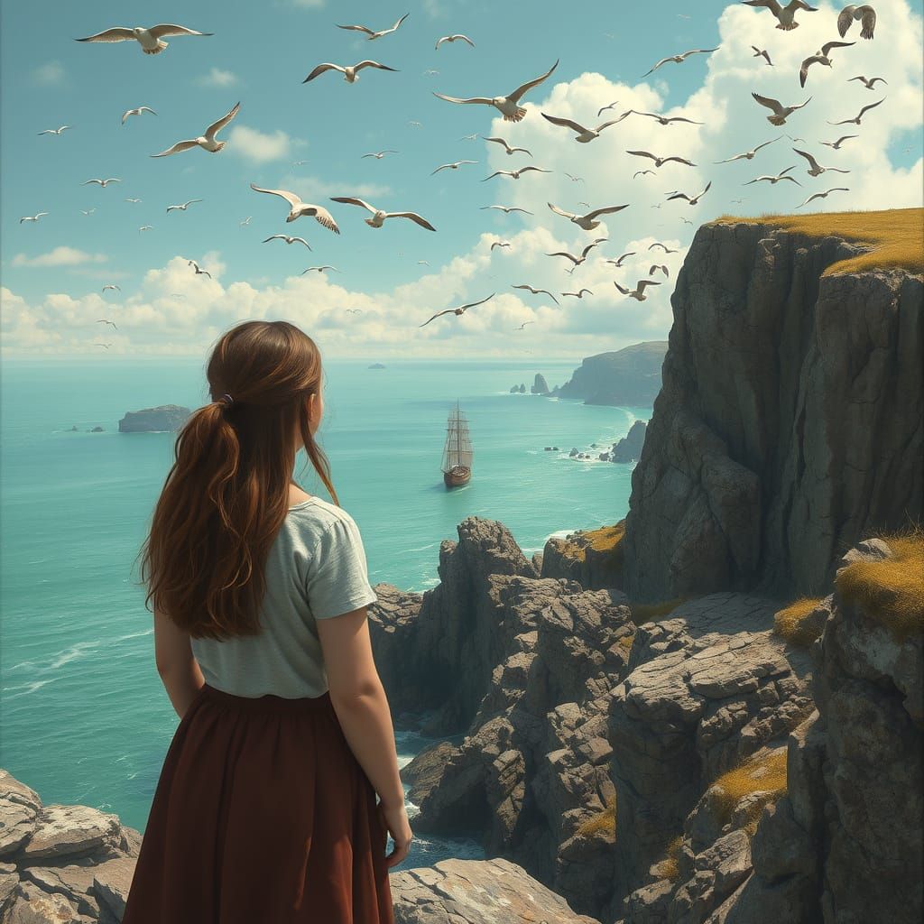 Girl Contemplates Majestic Frigate in Serene Coastal Scene