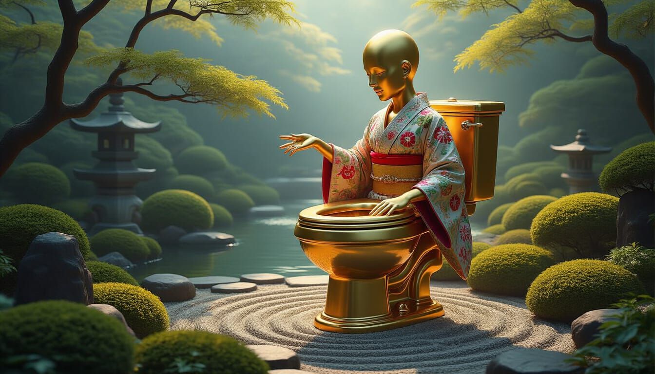 Golden Toilet in Kimono Dances in Zen Garden