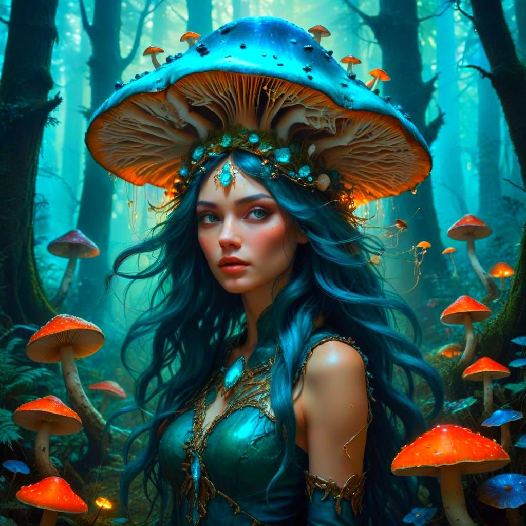 Ethereal Fungal Queen in Bioluminescent Regalia