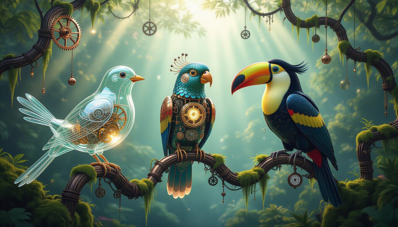Mechanical Birds in a Surreal Dreamlike Aviary