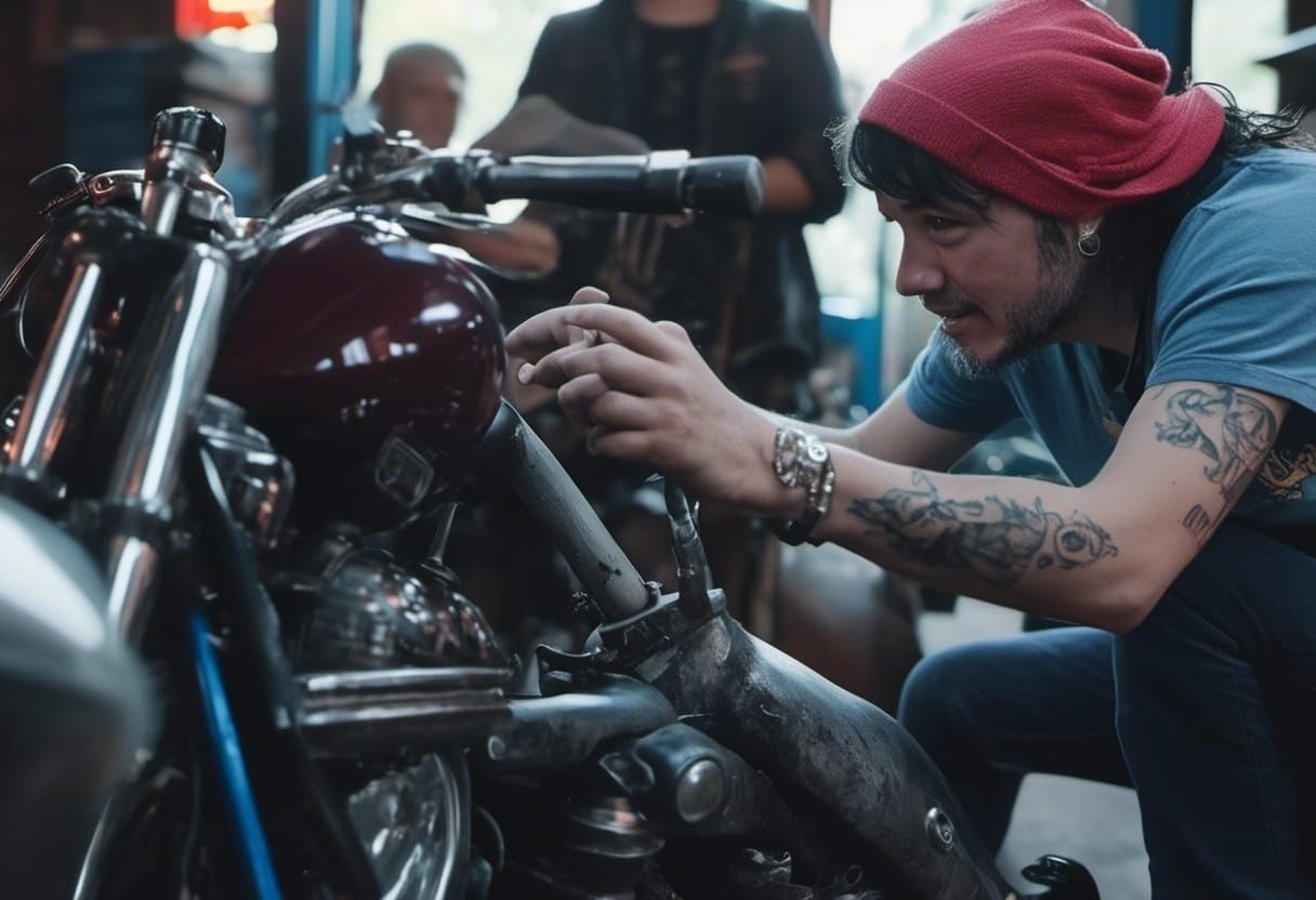 Young Biker Fixing Sports Bike in Cinematic Style