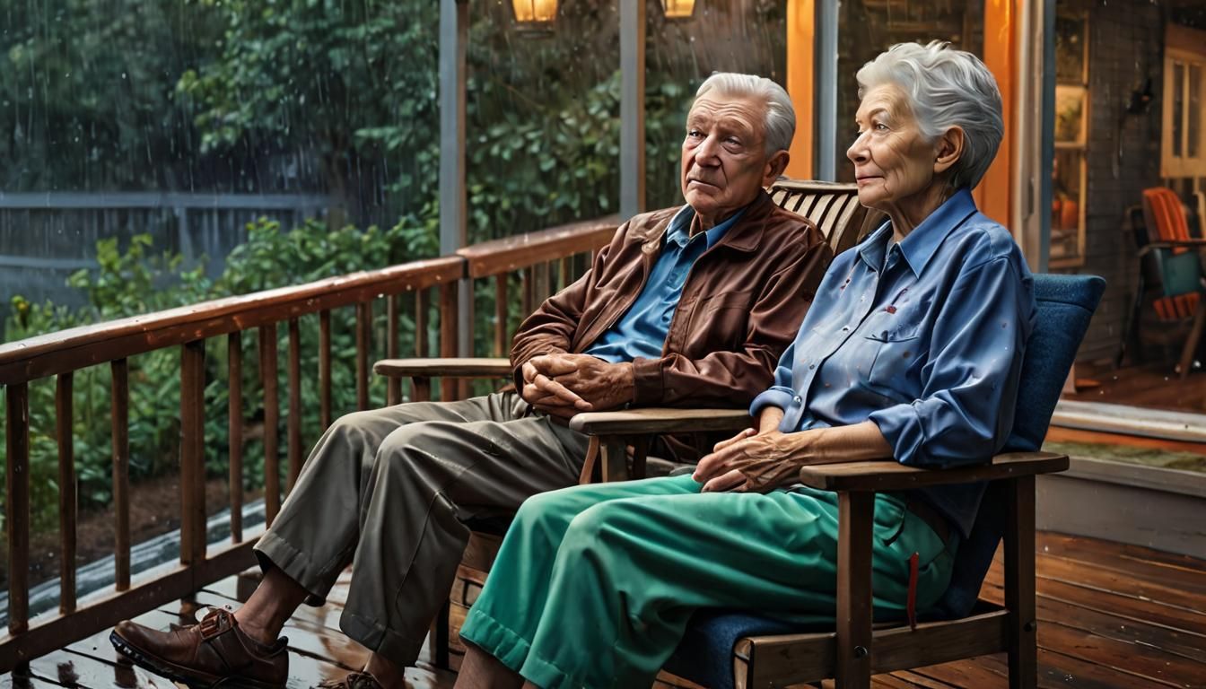 Hyperrealistic Elderly Couple Enjoying Rainy Day