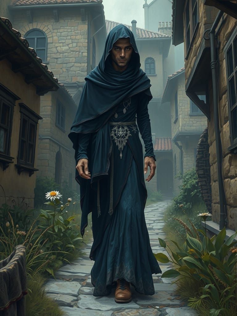 Weary Mage Walks a Desolate, Medieval Town in Fantastical St...