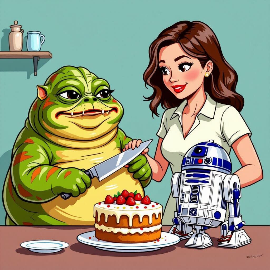 Cartoon Woman Slices Jabba Cake with R2-D2