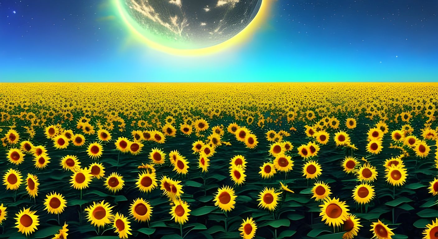 Sunflower Field Under Astral Starscape, Cosmic Illustration