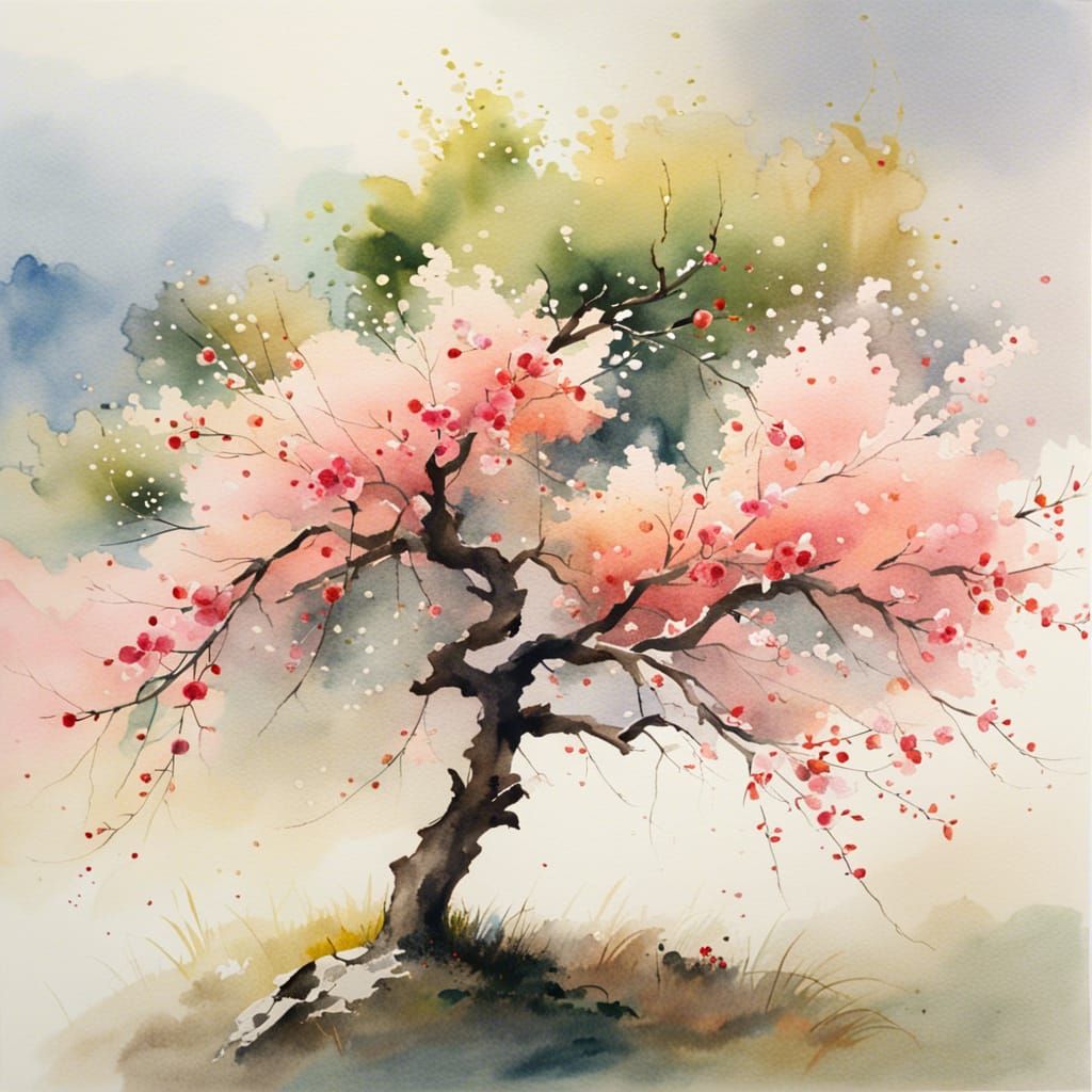 Peach Tree Watercolor Painting in Bloom