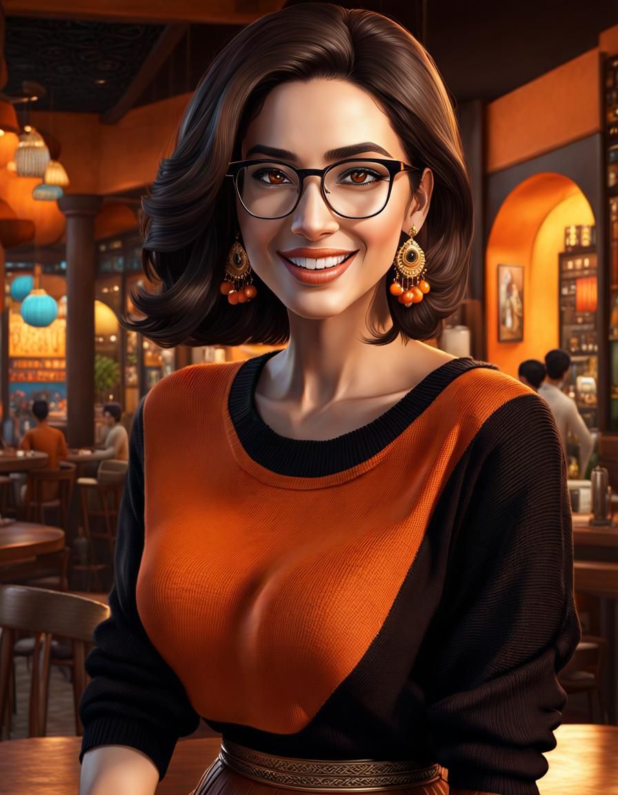 Hyperrealistic Egyptian Woman in Cafe at Night