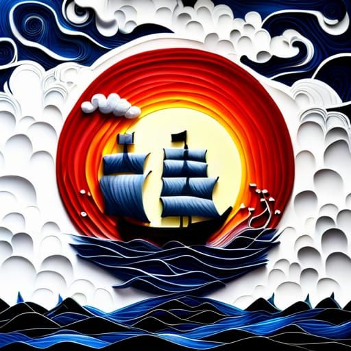 Pirate Ship at Red Moon in Surreal Landscape