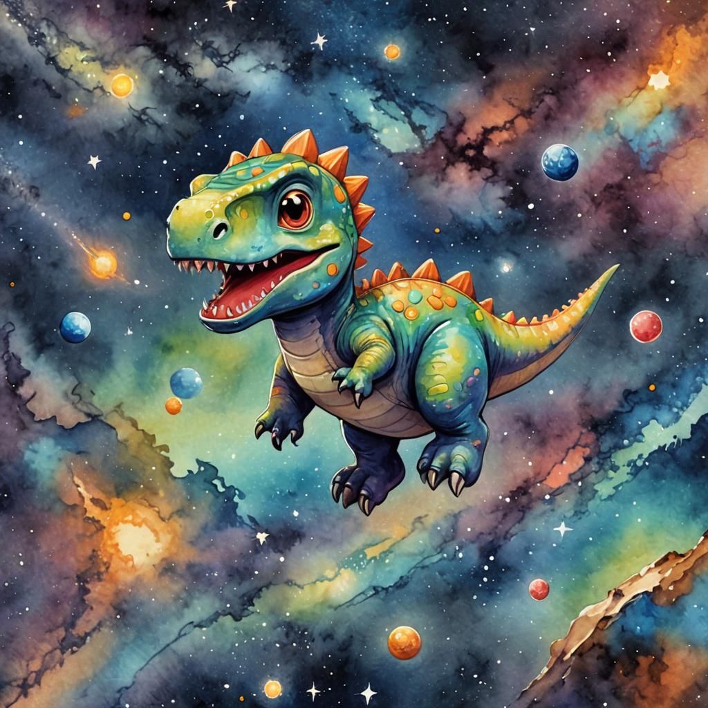 Chibi Dinosaur Toy in Milky Way, Gouache Style