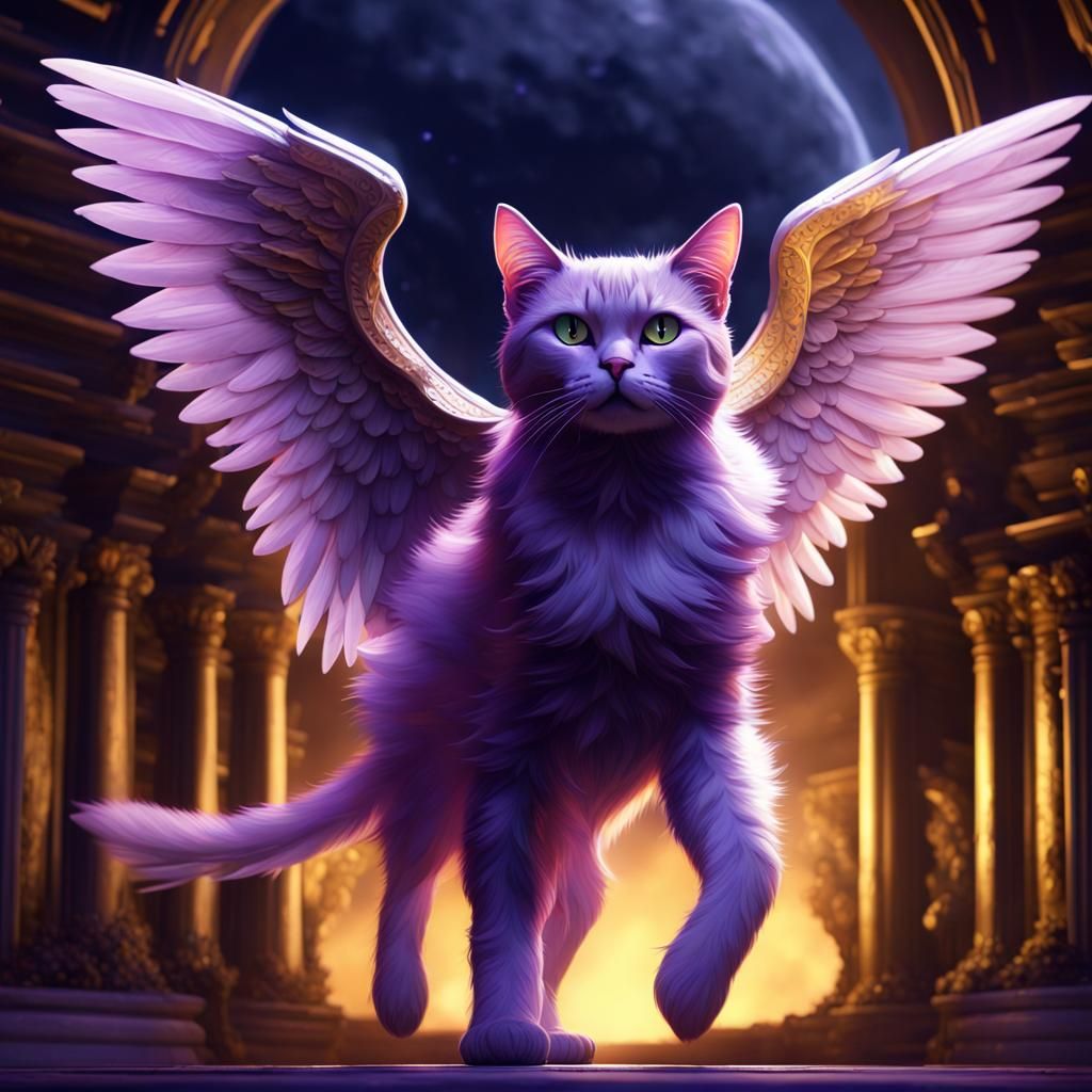 Winged Cat Flying in Moonlight: Dark Fantasy Art