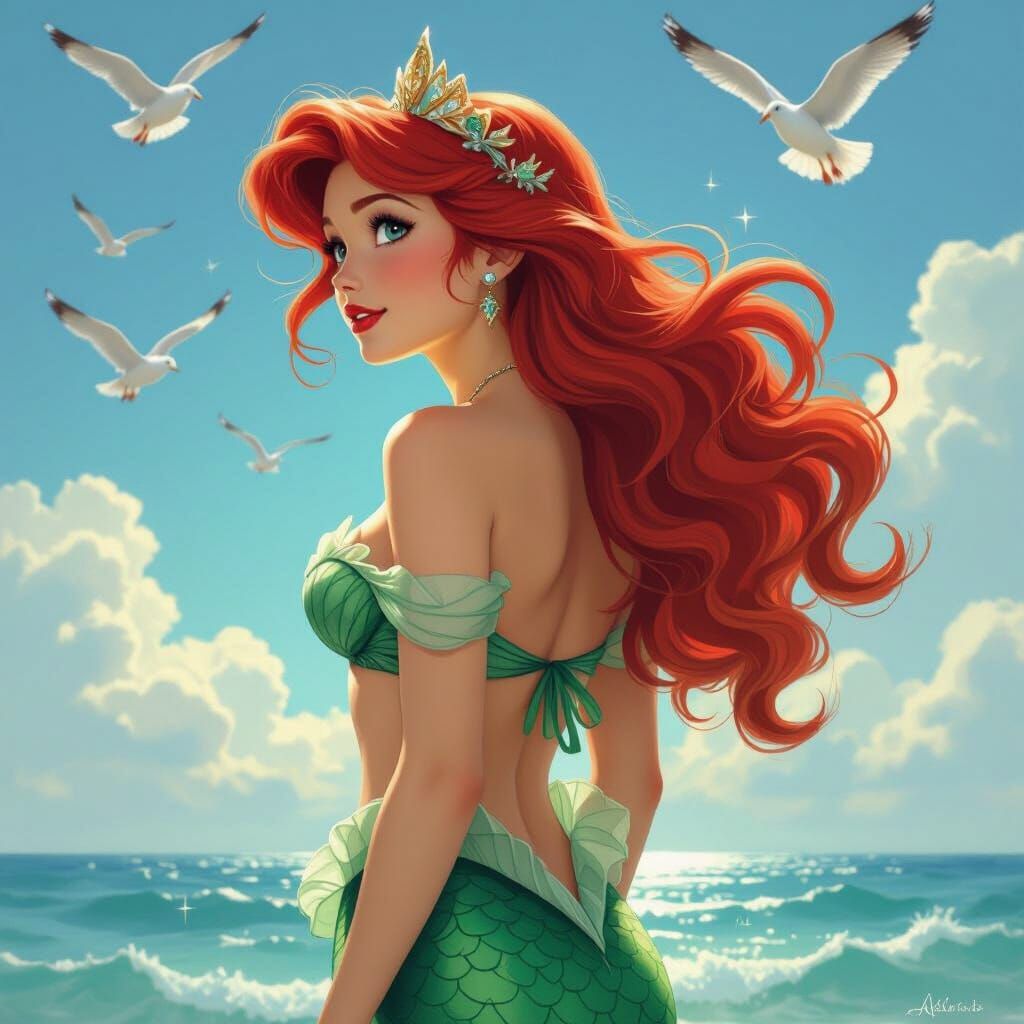 Ariel in Fantasy Art Style with Seagulls