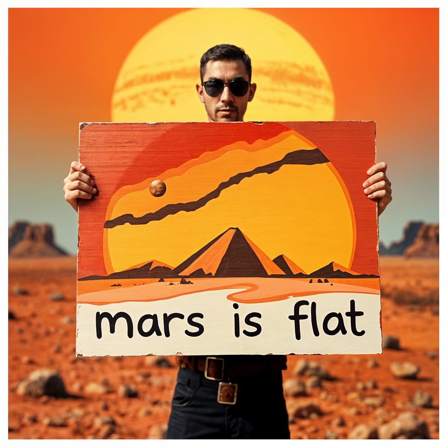 Mars Flat Earther Holds Sign on Red Planet