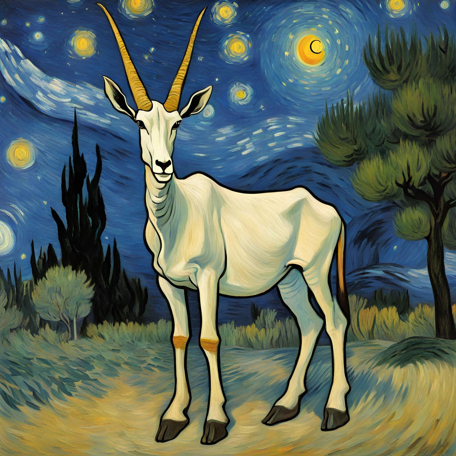 an Oryx in a starry night zoological park by van Gogh