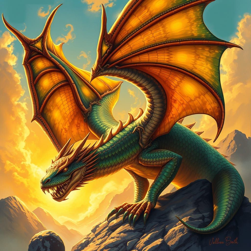 Majestic Dragon in Jade and Amber Scales, Golden Light