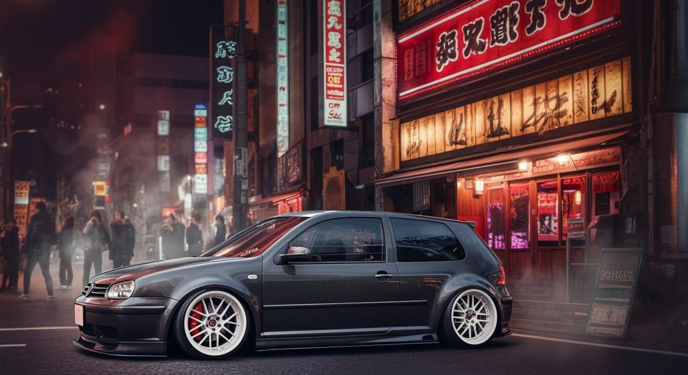 Carbon Fiber VW Golf in Tokyo, Cinematic Style
