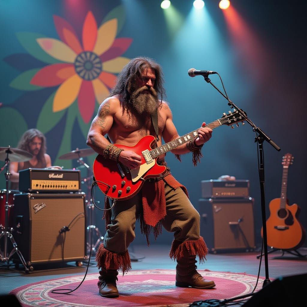 Neanderthal Rocker Plays Fire Red Guitar on Psychedelic Stag...