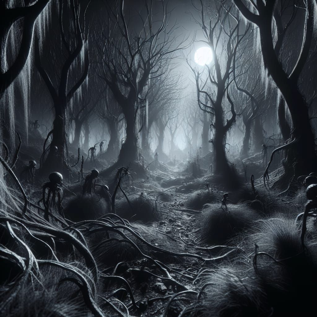 Eldritch Forest Path in Deep Darkness and Shadow