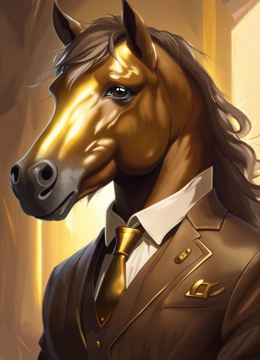 Golden-Eyed Pony in Suit: Hyperdetailed Portrait