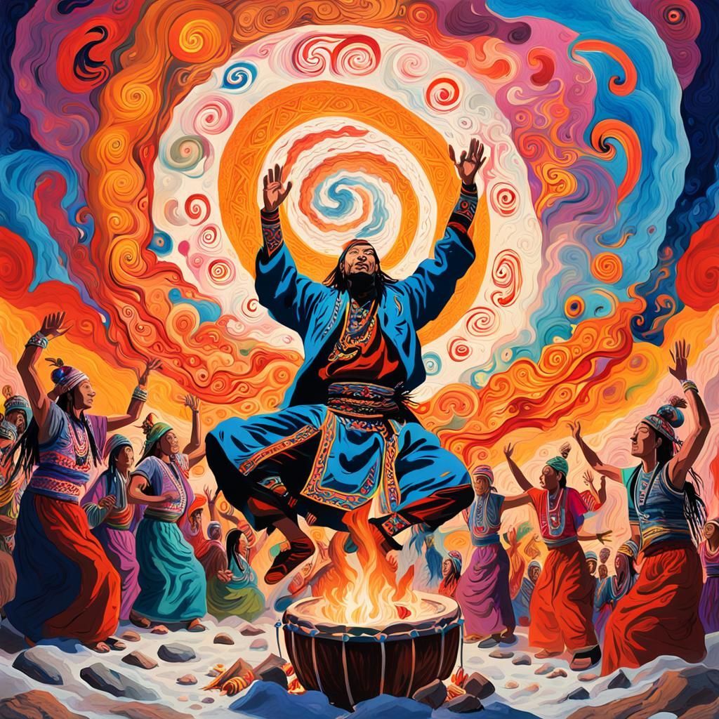 A dynamic full-length portrait of an Asian Bashkir shaman, a...