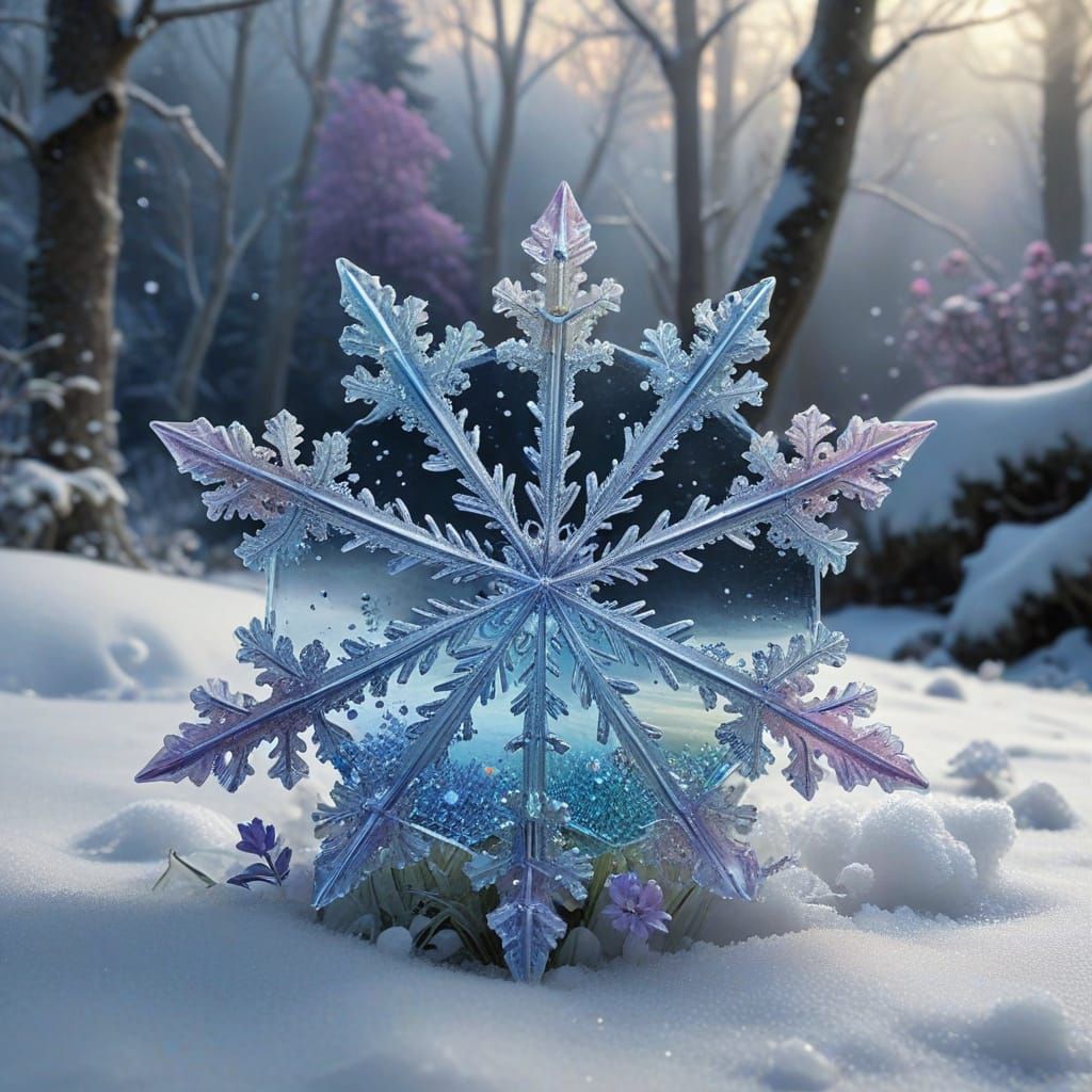Delicate Glass Snowflake with Rainbow Castle in Forest