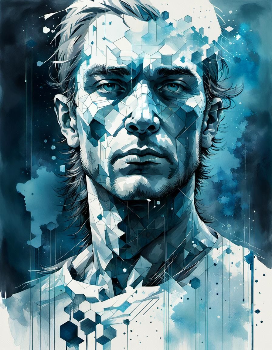 Dissolving Male Silhouette in Blue Matrix