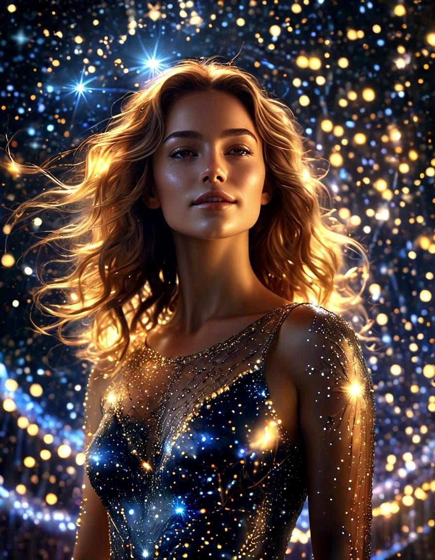 Luminous Woman Dissolving into a Constellation