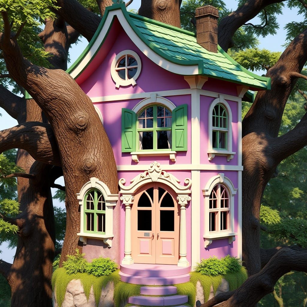 A Mixed forests treehouse with a green and white roof, purple and pink walls and a yellow, green and pink fin tips door ...