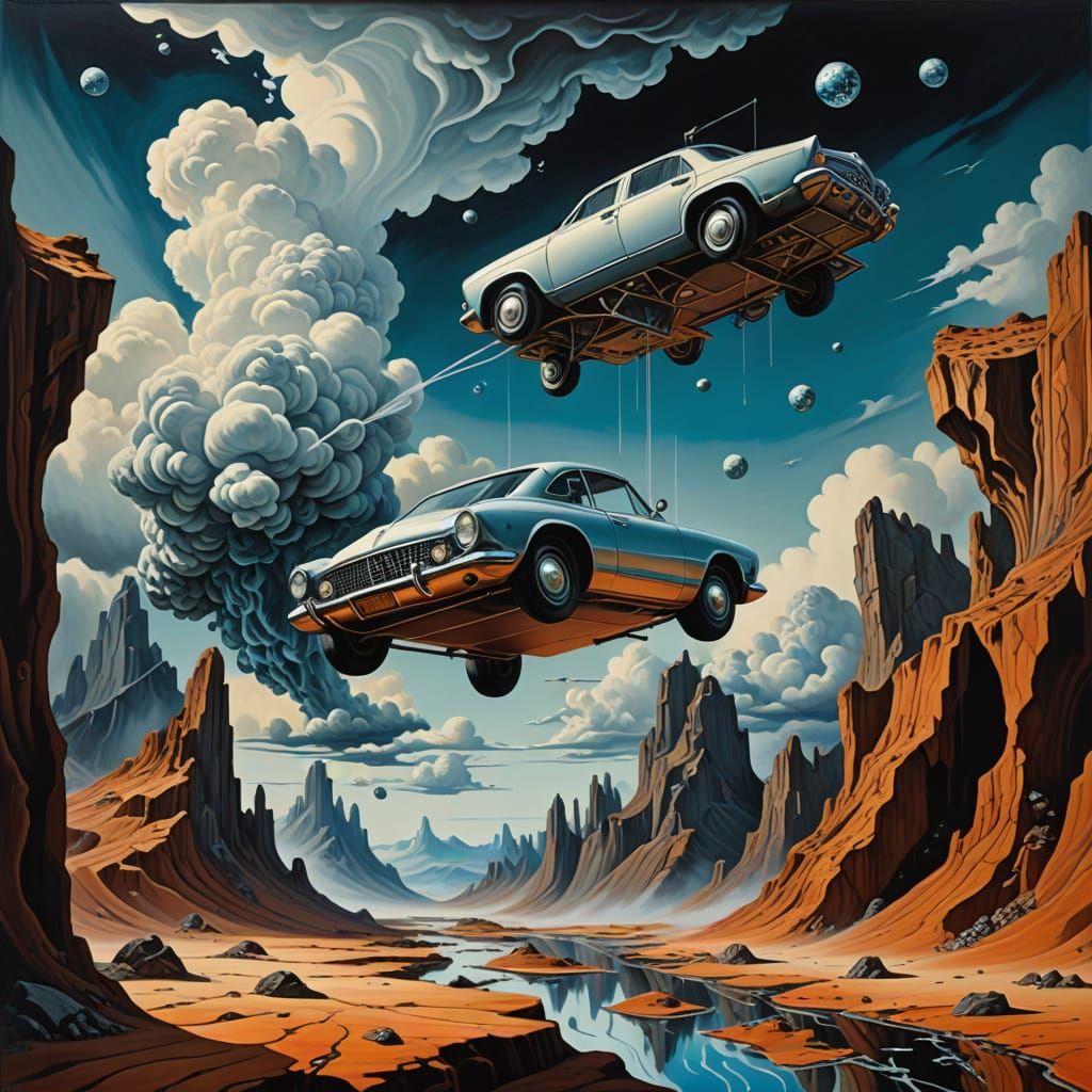Surrealist Futuristic Vehicles Speed by in a Dreamlike Lands...