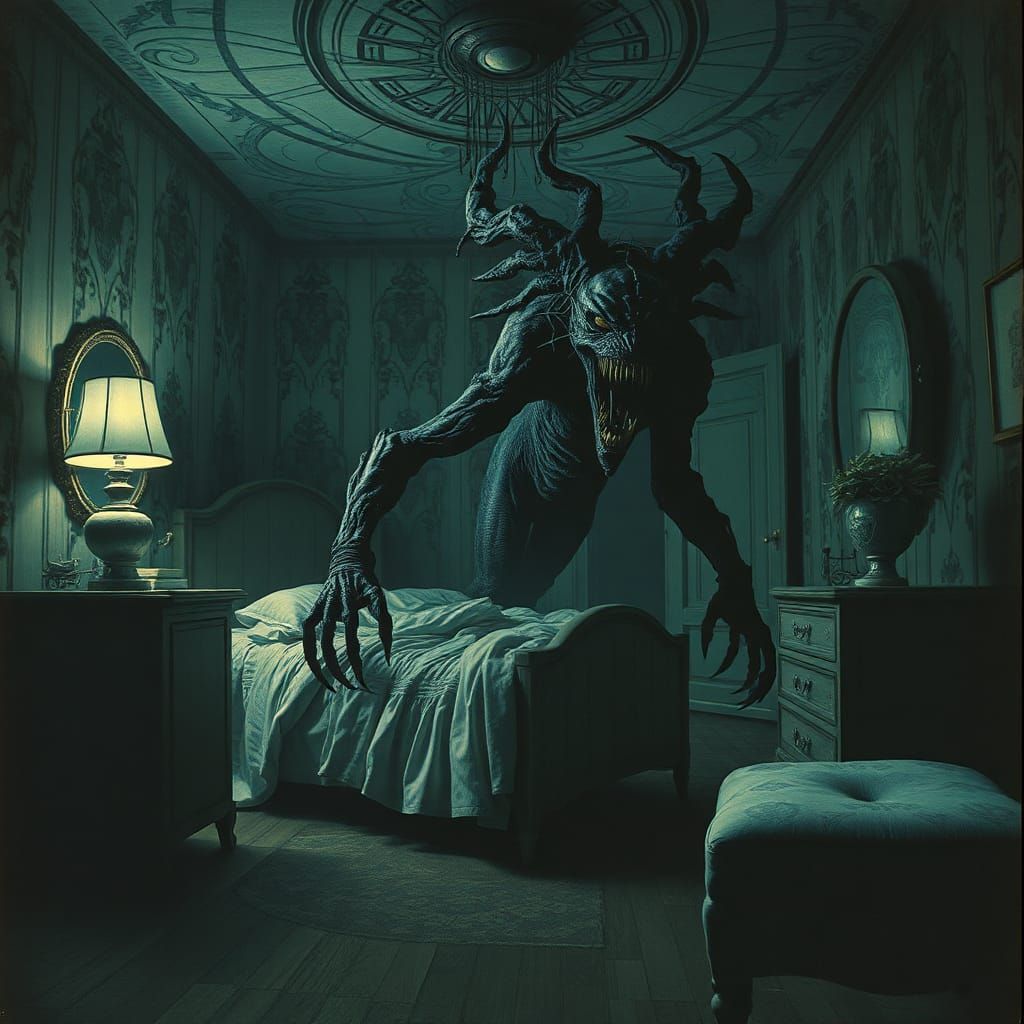 Eerie Monster in Dystopian Art Deco Bedroom