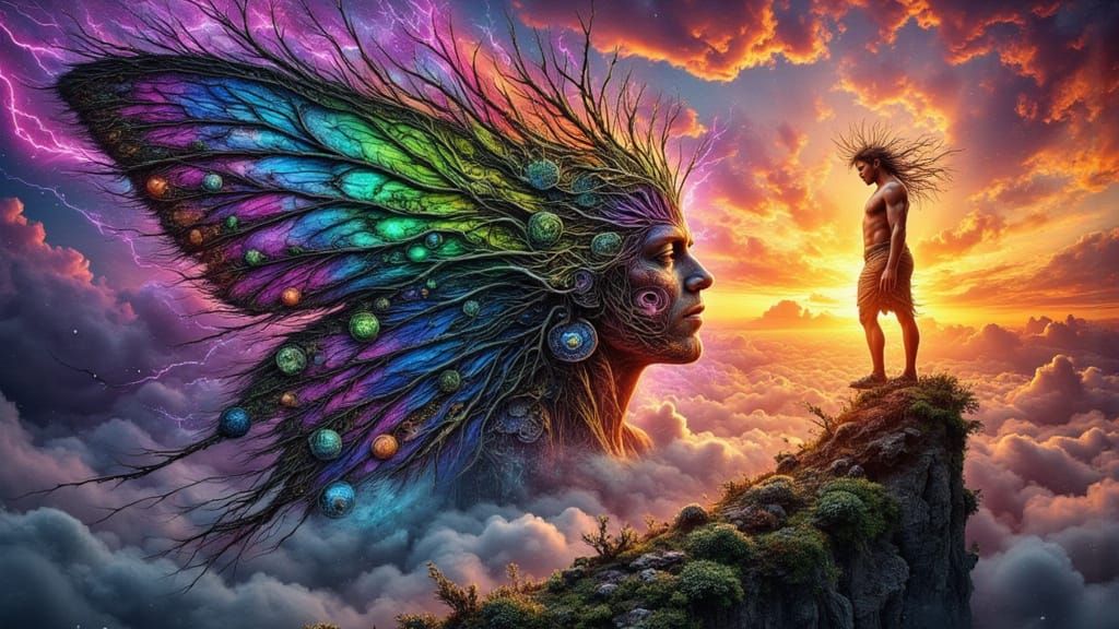 Surreal Man in Moth Costume Illuminated by Rainbow Lightning